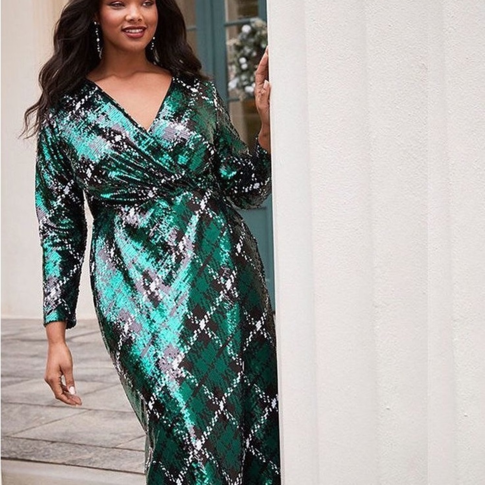 Brand new plus/curve plaid print Green Sequin faux Wrap Dress